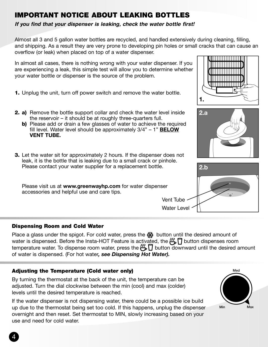 Greenway Home Products VWD8956BLS Important Notice about Leaking Bottles, Dispensing Room and Cold Water 