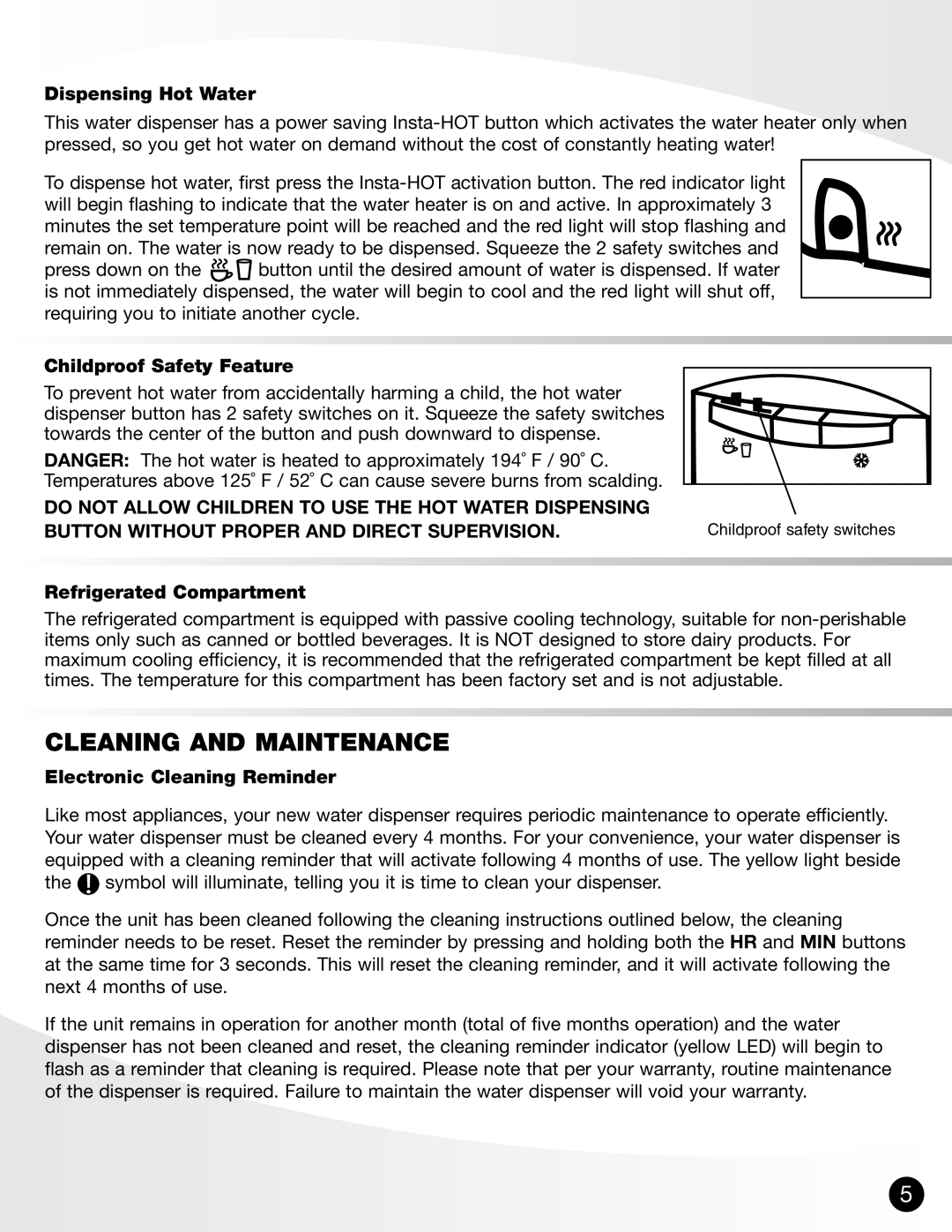 Greenway Home Products VWD8956BLS Cleaning and Maintenance, Dispensing Hot Water, Childproof Safety Feature 