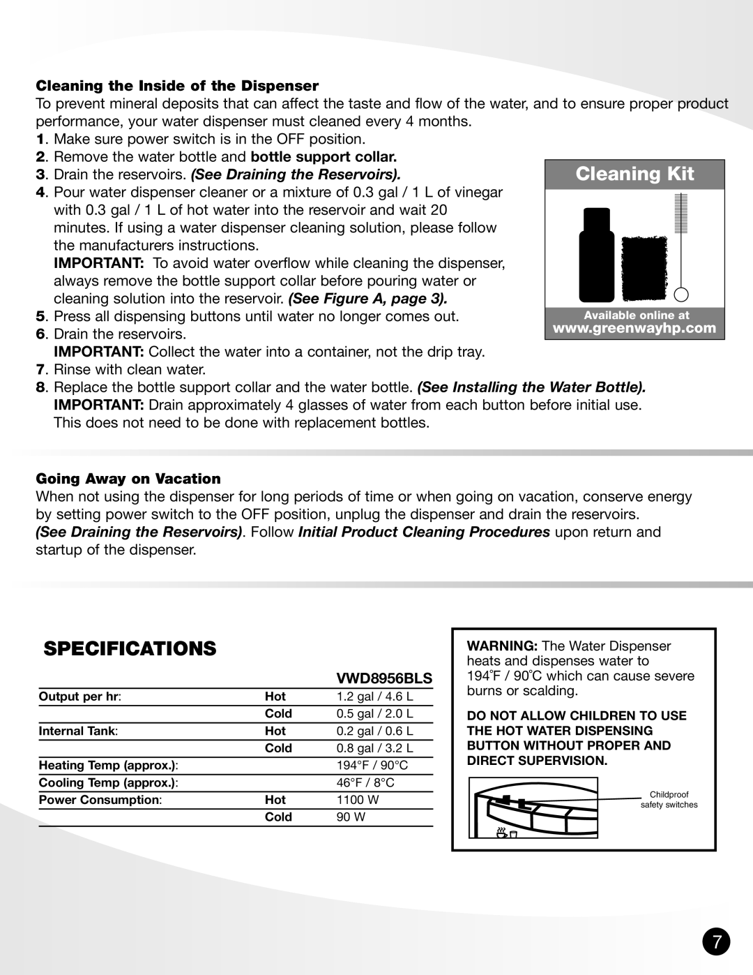 Greenway Home Products VWD8956BLS Specifications, Cleaning the Inside of the Dispenser, Going Away on Vacation 