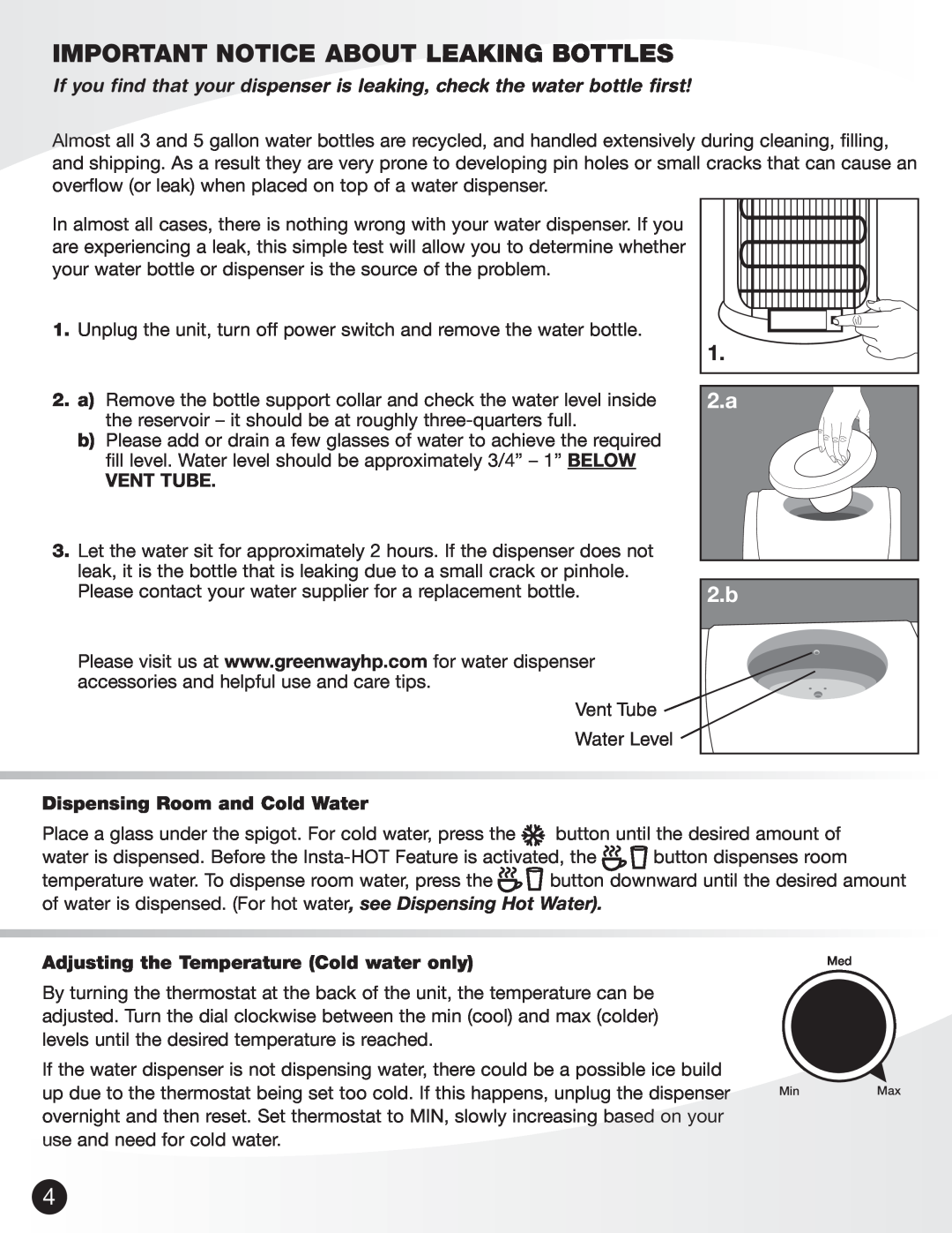 Greenway Home Products VWD8956BLS Important Notice About Leaking Bottles, Vent Tube, Dispensing Room and Cold Water 