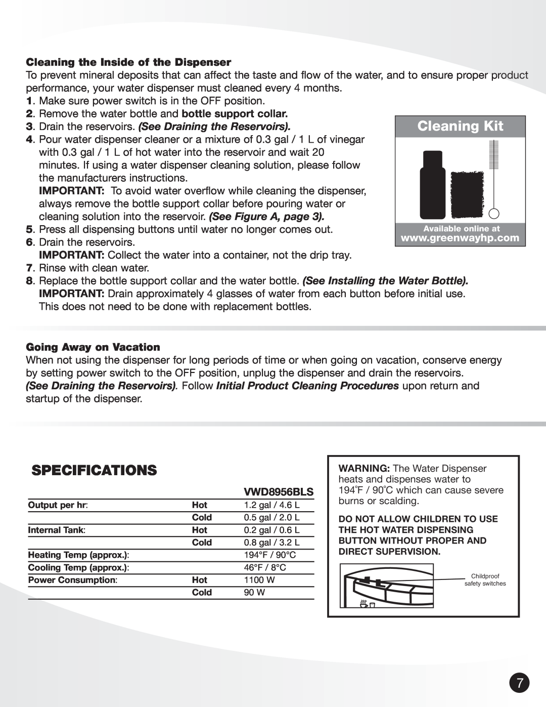 Greenway Home Products VWD8956BLS Specifications, Cleaning the Inside of the Dispenser, Going Away on Vacation 