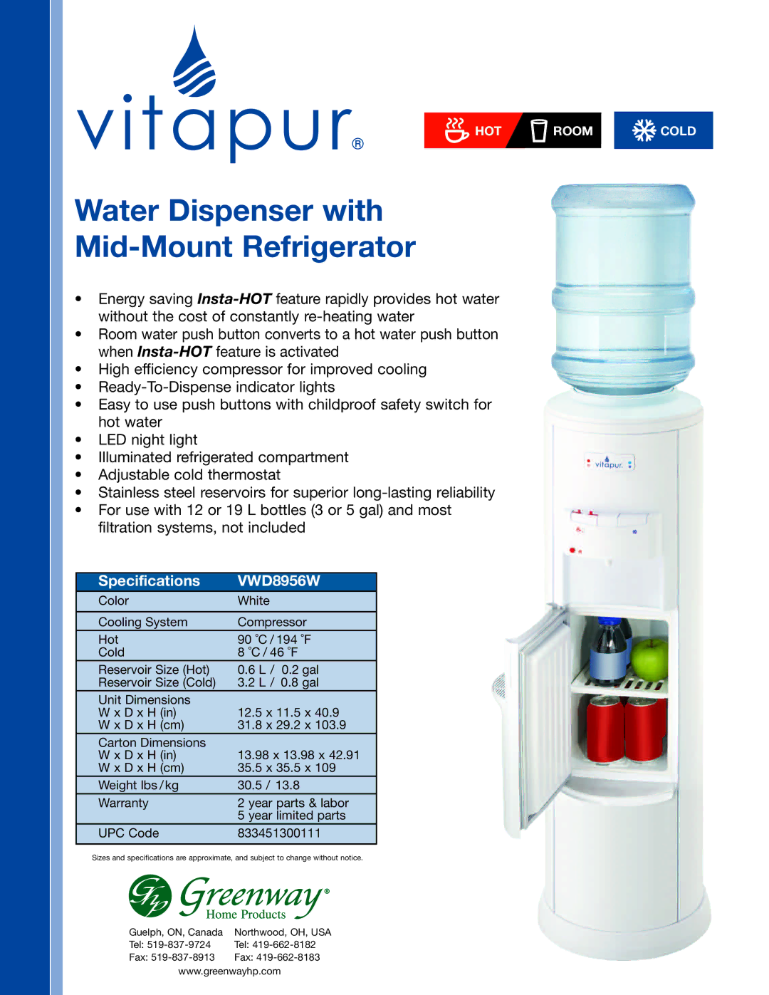 Greenway Home Products specifications Water Dispenser with Mid-Mount Refrigerator, Specifications VWD8956W 