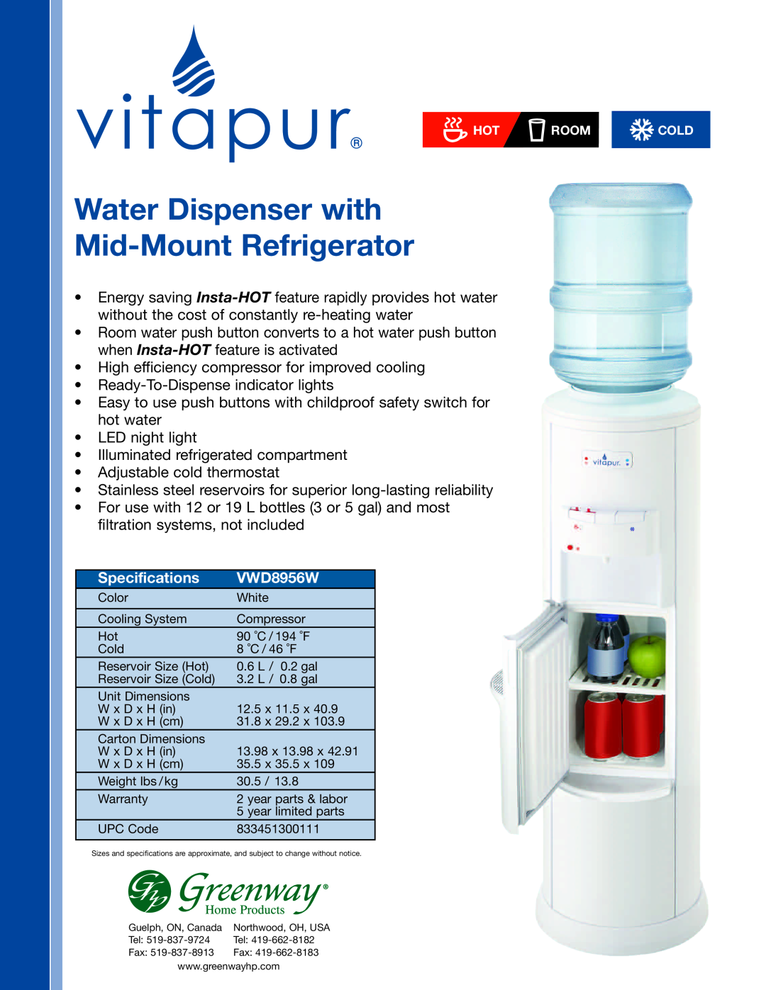 Greenway Home Products VWD8956W specifications Water Dispenser with Mid-Mount Refrigerator, Specifications 