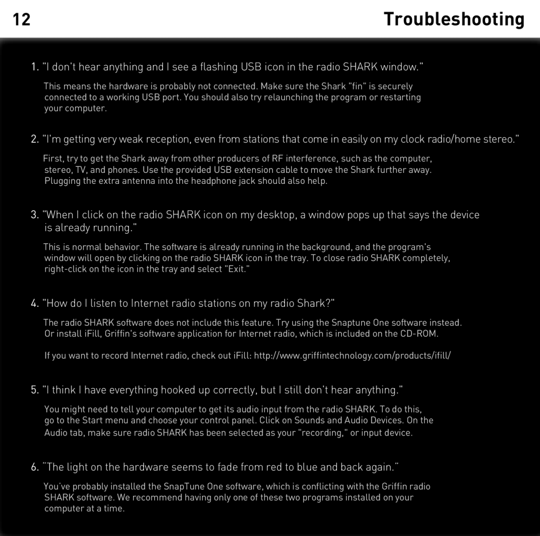 Griffin Technology 2.0 manual Troubleshooting 