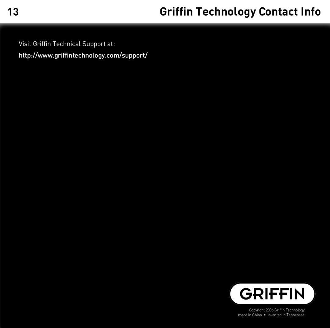 Griffin Technology 2.0 manual Griffin Technology Contact Info 