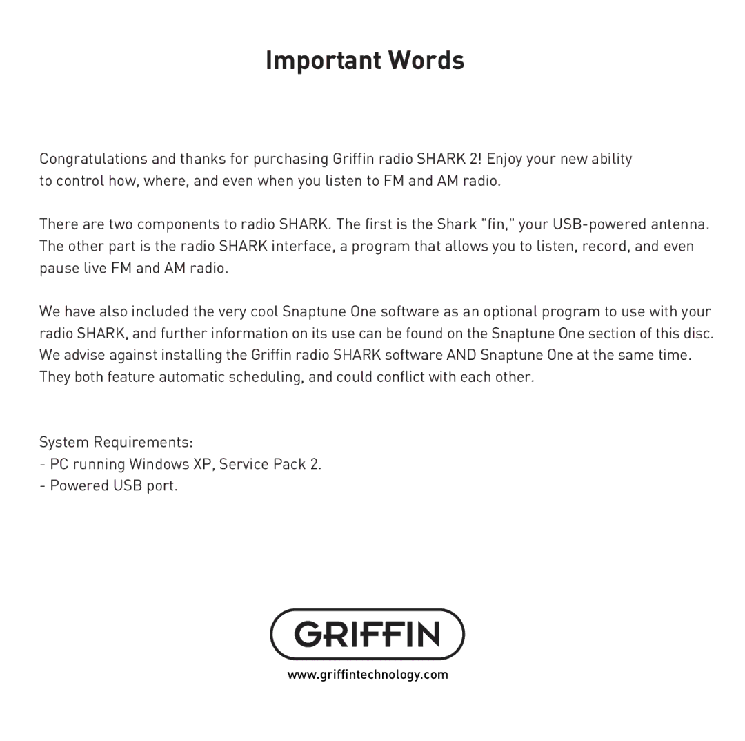 Griffin Technology 2.0 manual Important Words 