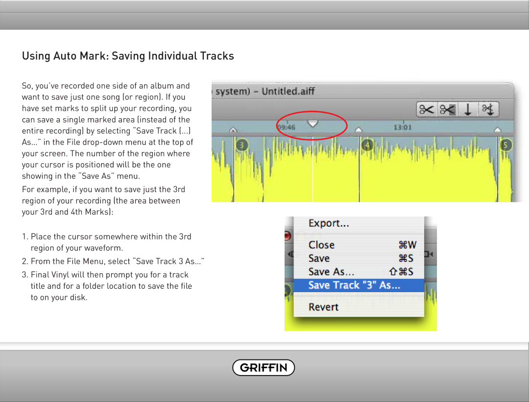 Griffin Technology Final Vinyl 2.5 user manual Using Auto Mark Saving Individual Tracks 