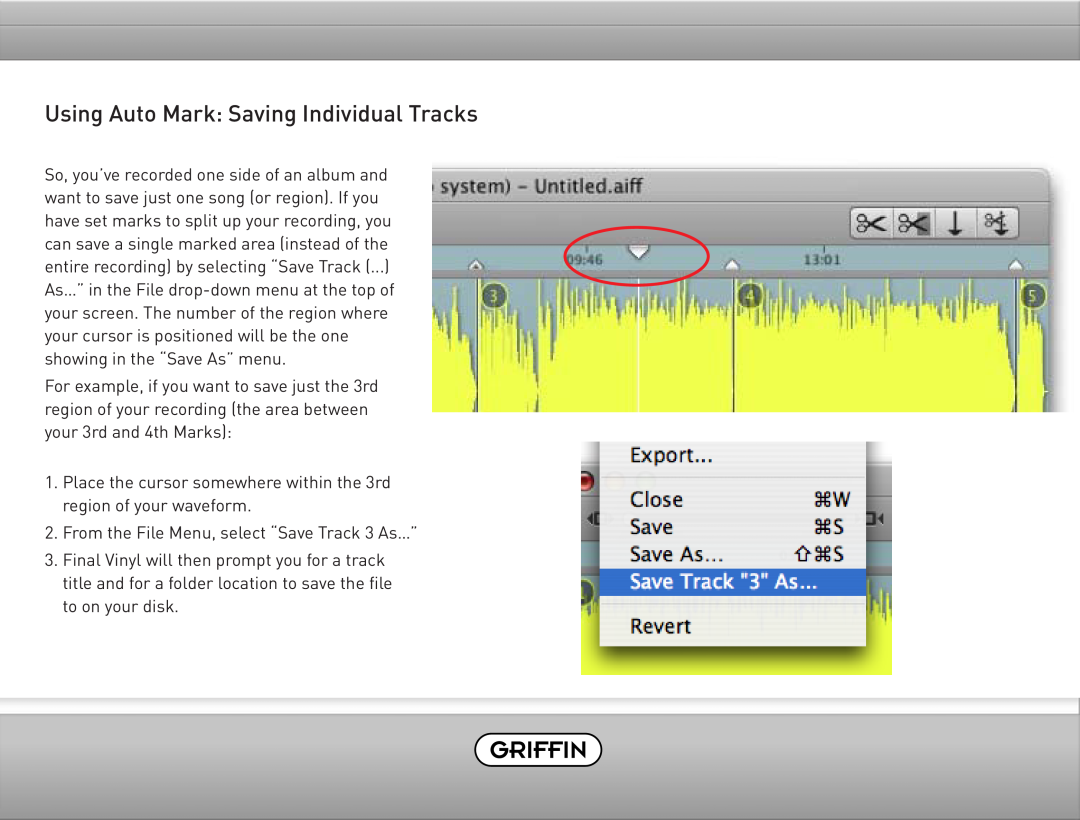 Griffin Technology Final Vinyl 2.5 user manual Using Auto Mark Saving Individual Tracks 