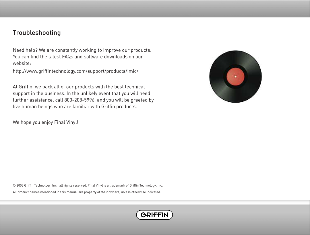 Griffin Technology Final Vinyl 2.5 user manual Troubleshooting 