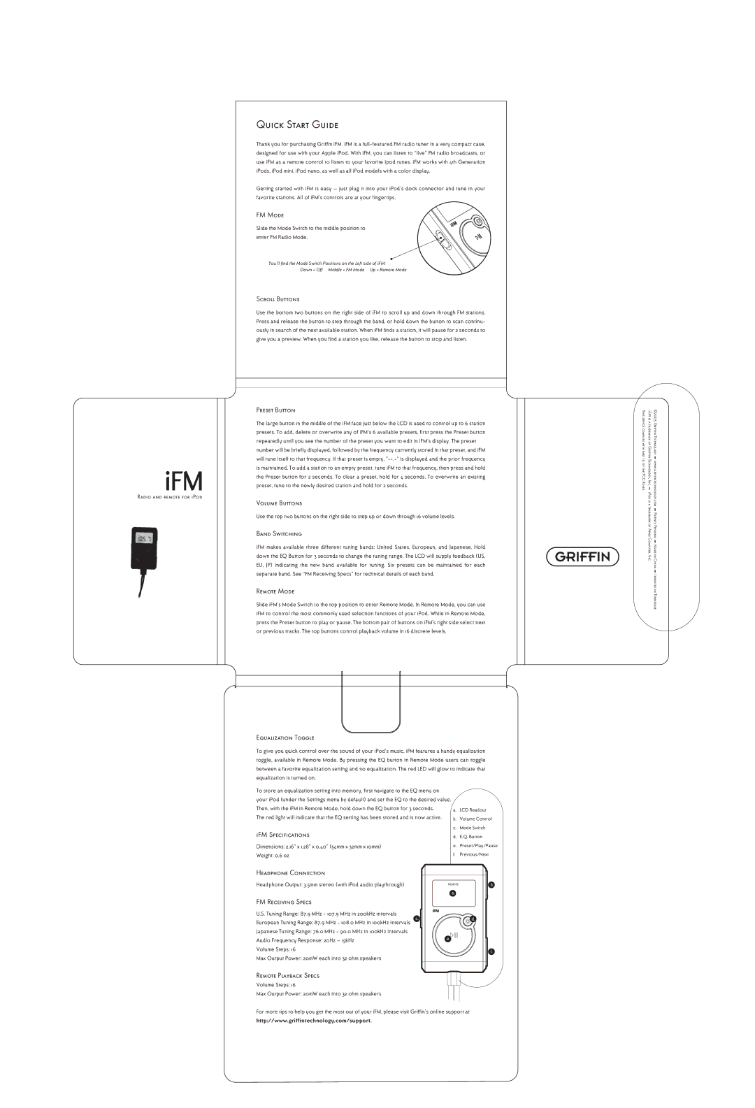 Griffin Technology iFM quick start FM Mode, Scroll Buttons, Preset Button, Volume Buttons, Band Switching, Remote Mode 