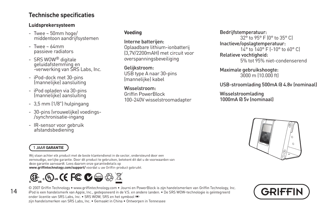 Griffin Technology Personal Mobile Speaker System Technische specificaties, Luidsprekersysteem, Mm 1/8 hulpingang, Voeding 