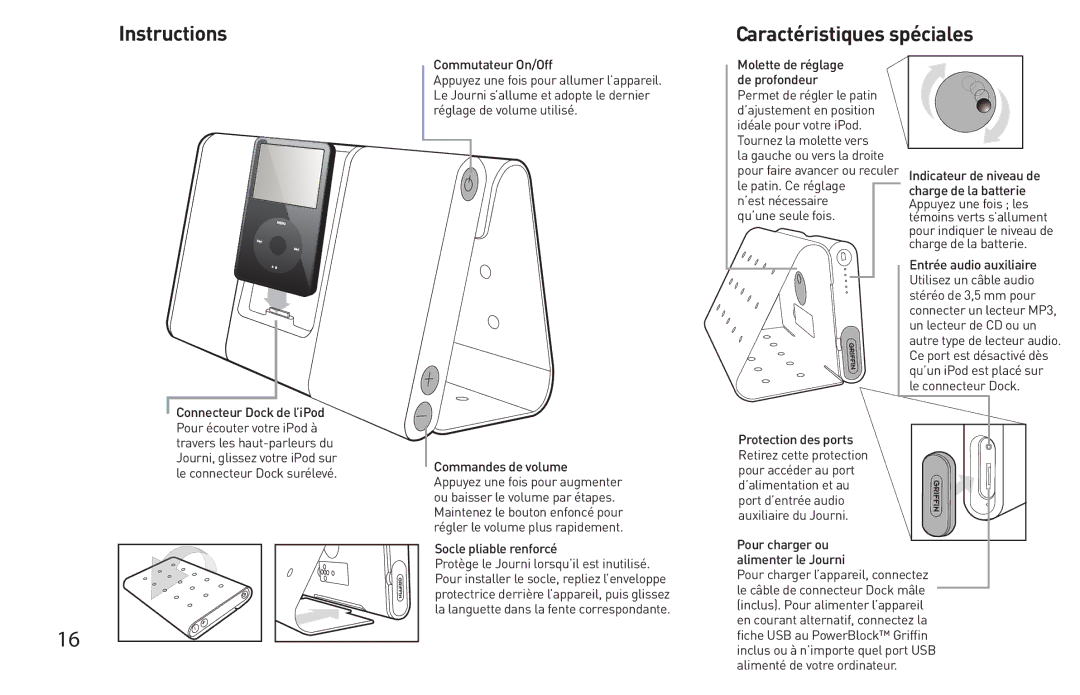 Griffin Technology Personal Mobile Speaker System Instructions Caractéristiques spéciales, Socle pliable renforcé 