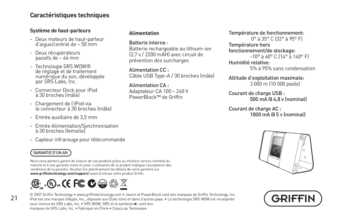 Griffin Technology Personal Mobile Speaker System Caractéristiques techniques, Système de haut-parleurs, Alimentation 