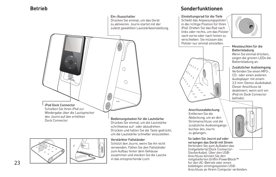 Griffin Technology Personal Mobile Speaker System quick start Betrieb, Sonderfunktionen 