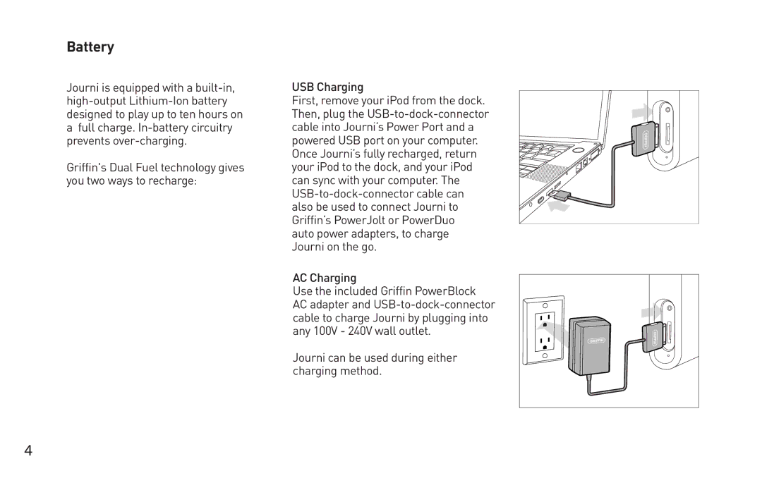 Griffin Technology Personal Mobile Speaker System Battery, Auto power adapters, to charge Journi on the go AC Charging 