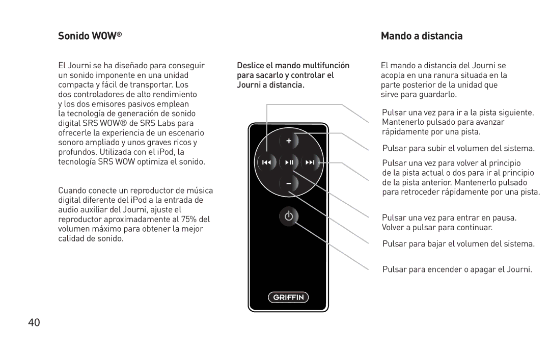 Griffin Technology Personal Mobile Speaker System quick start Sonido WOW, Mando a distancia 