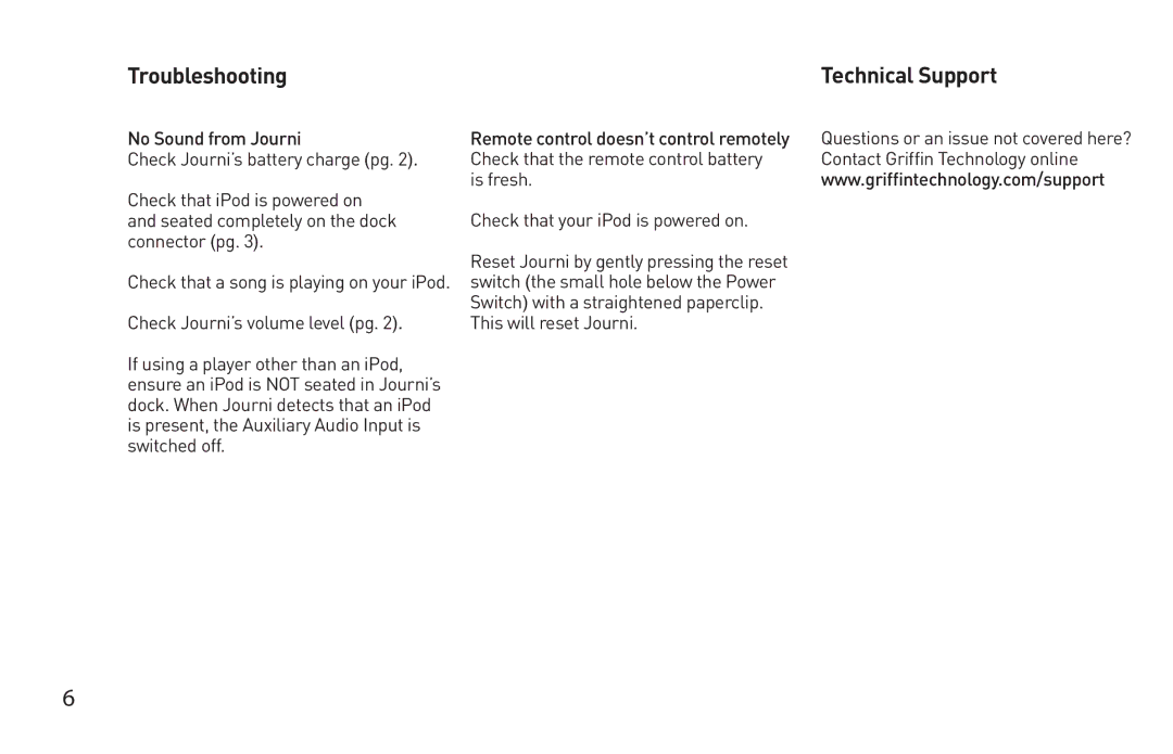 Griffin Technology Personal Mobile Speaker System quick start Troubleshooting Technical Support 