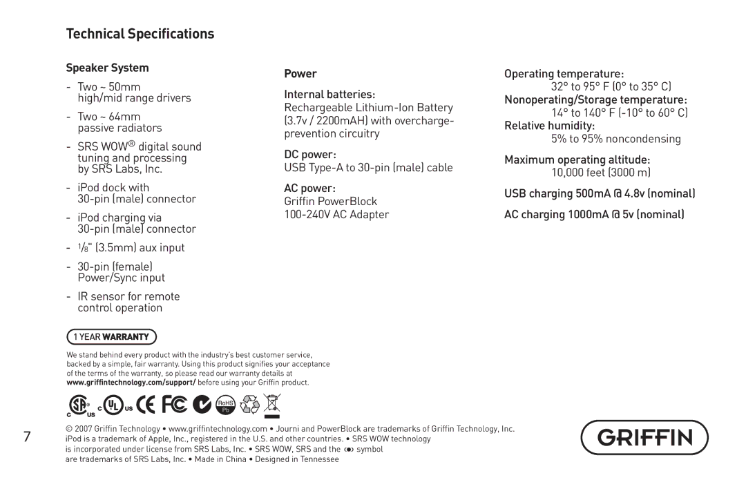 Griffin Technology Personal Mobile Speaker System quick start Technical Specifications, Power 