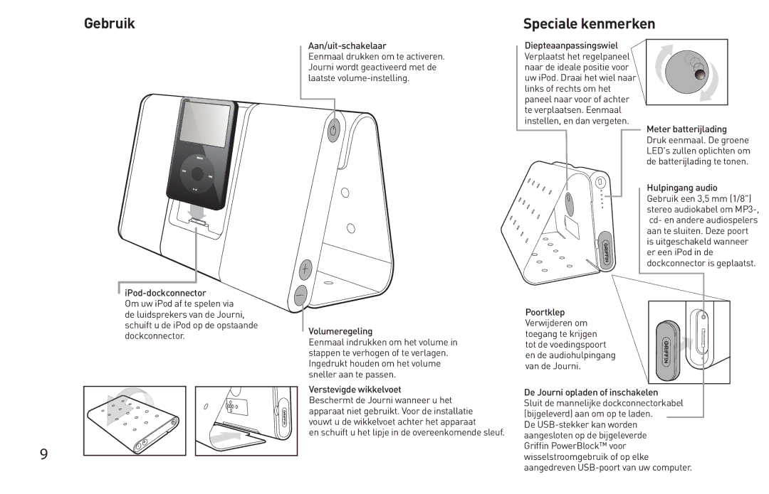 Griffin Technology Personal Mobile Speaker System quick start Gebruik Speciale kenmerken, Verstevigde wikkelvoet 