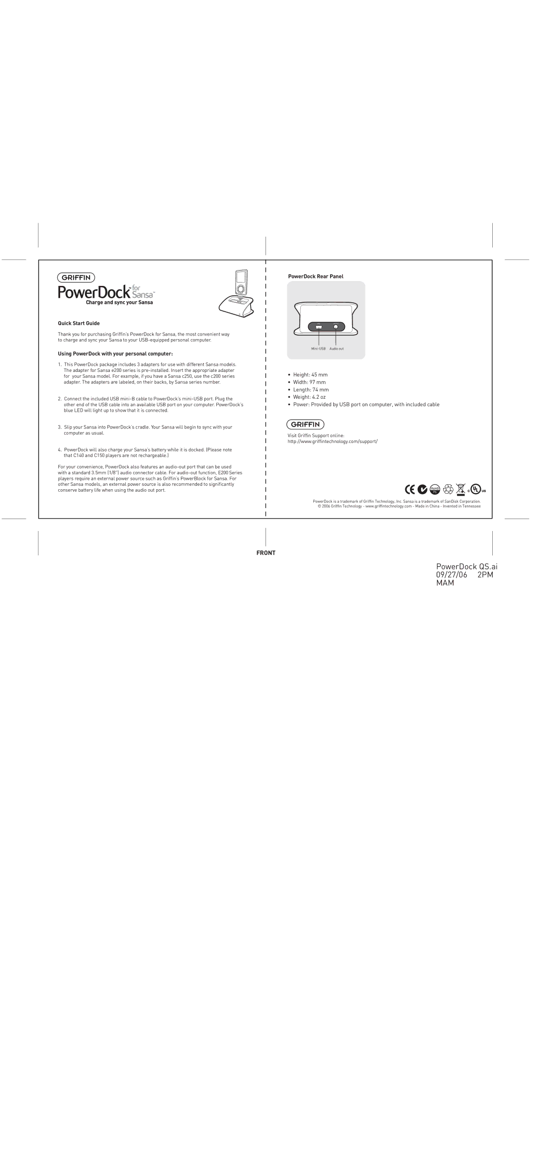 Griffin Technology Sansa quick start Quick Start Guide, Using PowerDock with your personal computer, PowerDock Rear Panel 