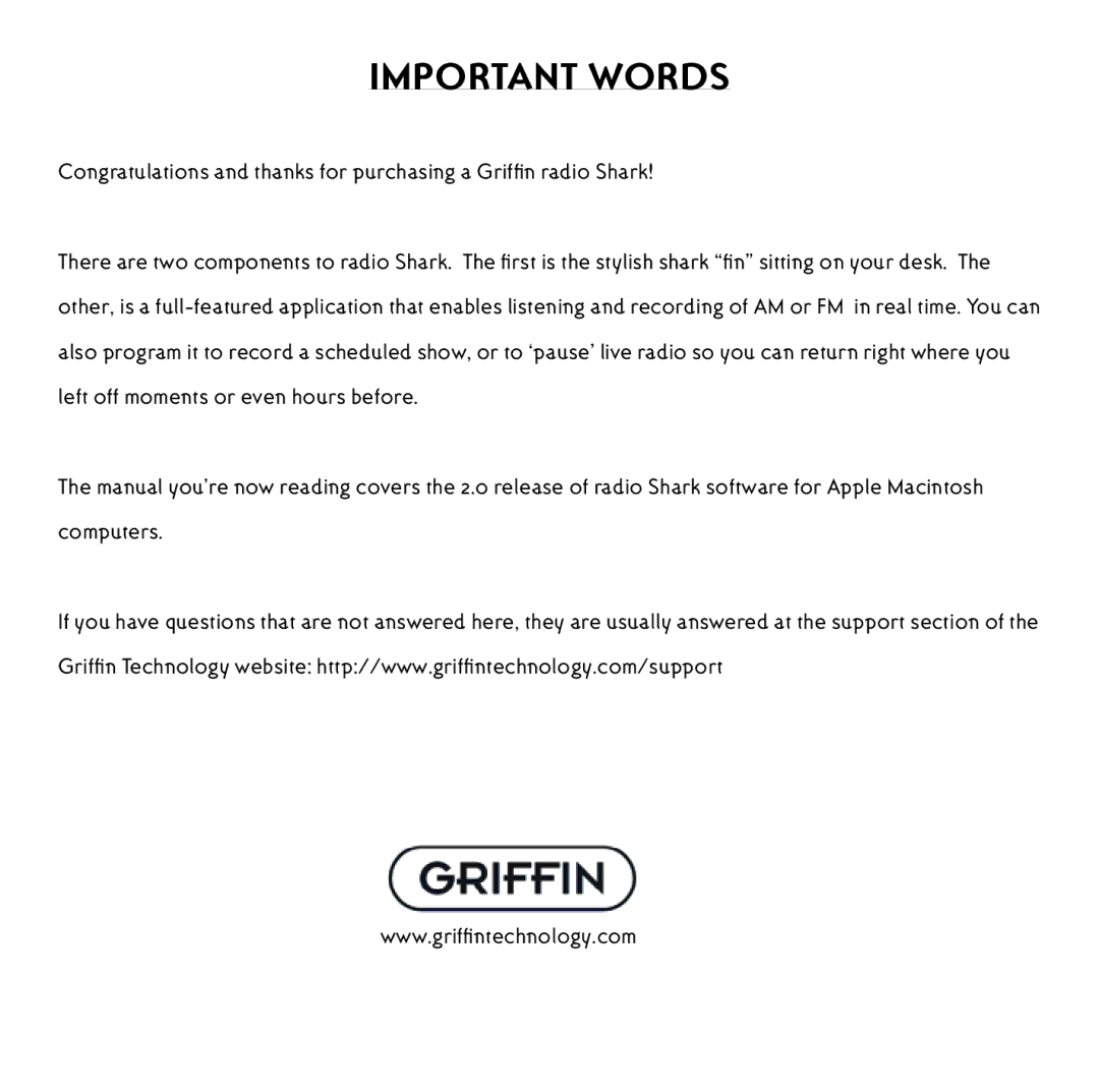 Griffin Technology shark 2.0 manual Important words 