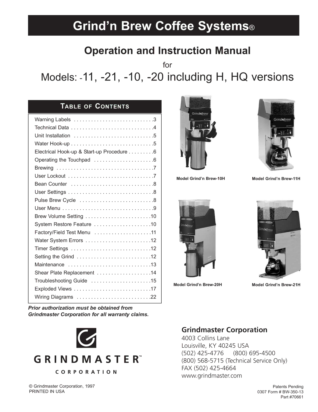 Grindmaster 11 instruction manual Grind’n Brew Coffee Systems 