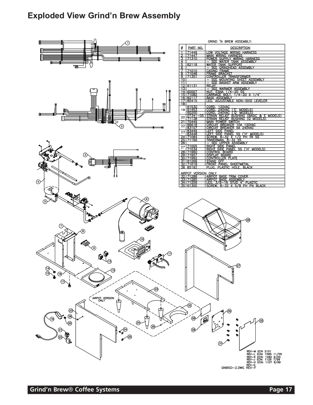 Grindmaster 11 instruction manual Exploded View Grind’n Brew Assembly 