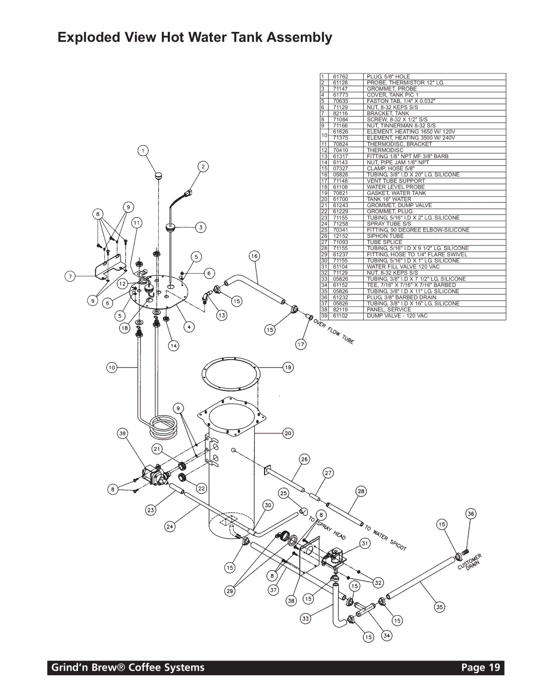 Grindmaster 11 instruction manual Exploded View Hot Water Tank Assembly, Water Fill Valve 120 VAC 