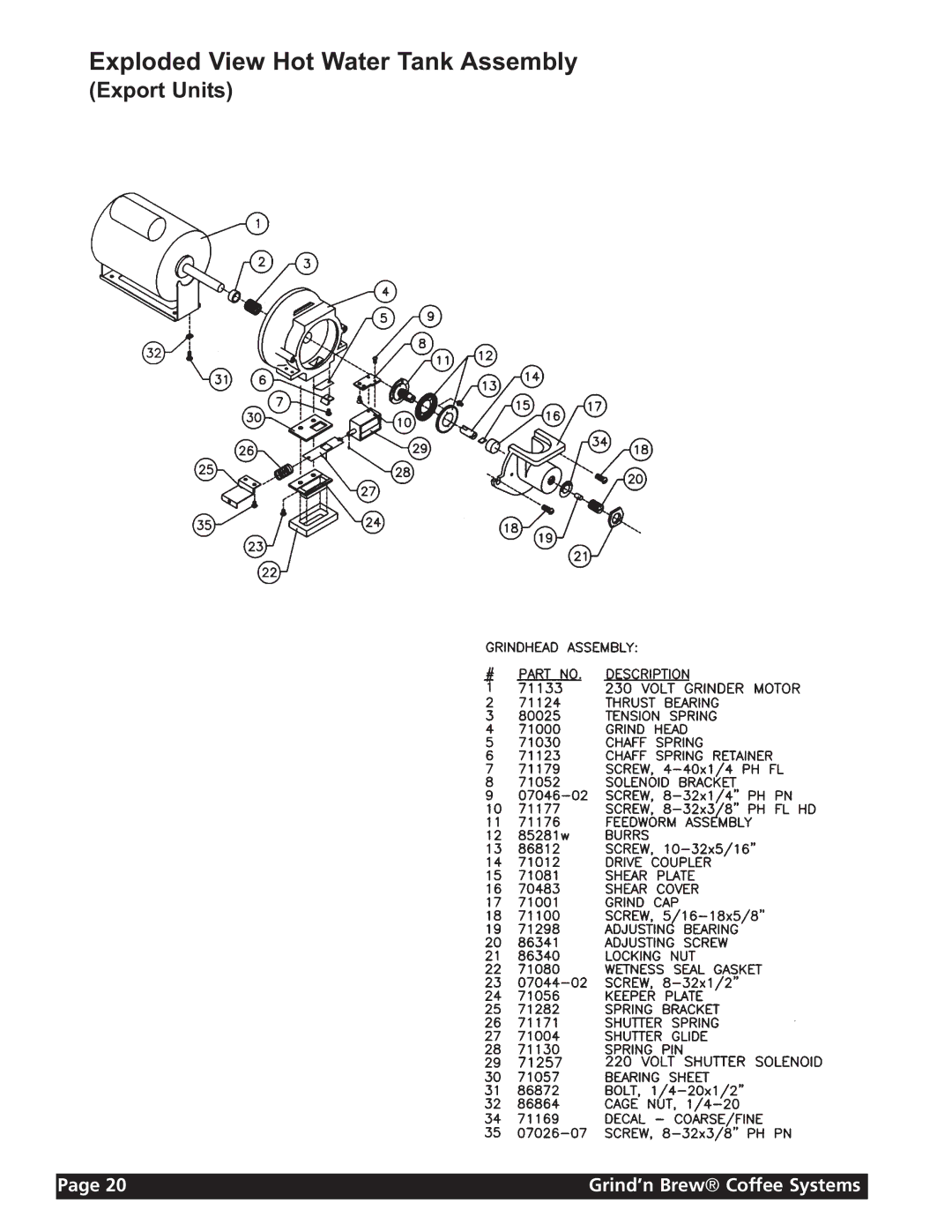 Grindmaster 11 instruction manual Export Units 