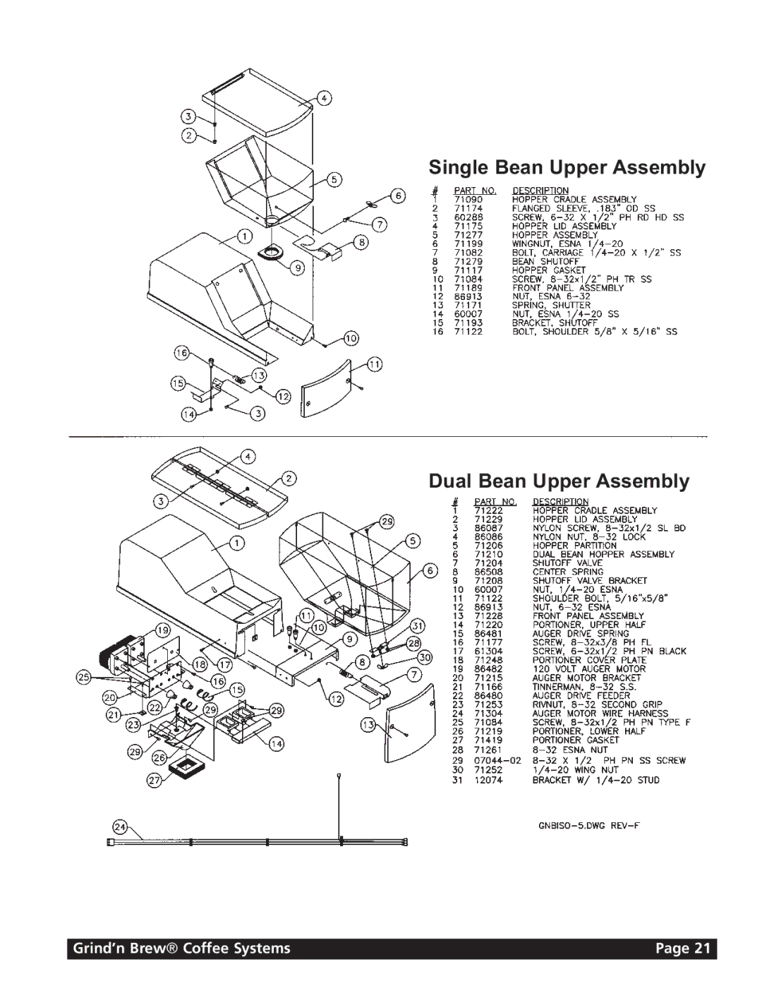 Grindmaster 11 instruction manual Single Bean Upper Assembly Dual Bean Upper Assembly 