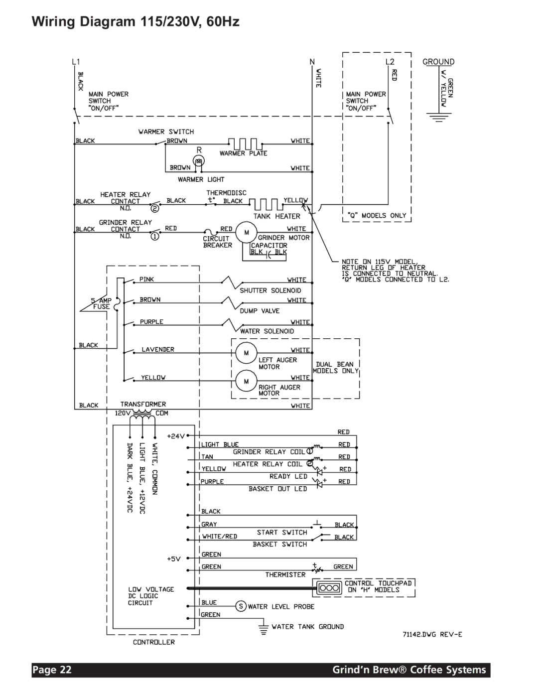 Grindmaster instruction manual Wiring Diagram 115/230V, 60Hz 