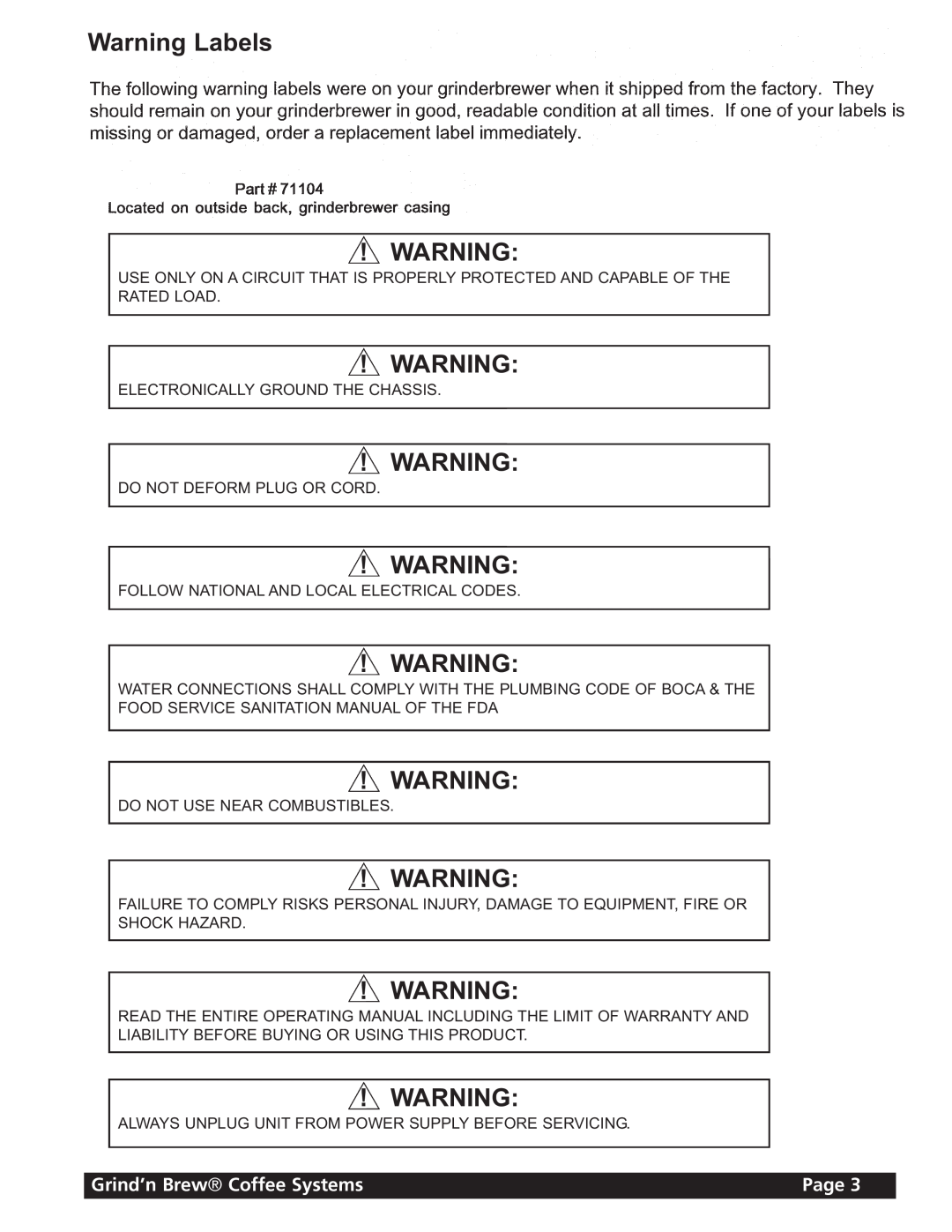Grindmaster 11 instruction manual Warning Labels, Grind’n Brew Coffee Systems, Page 