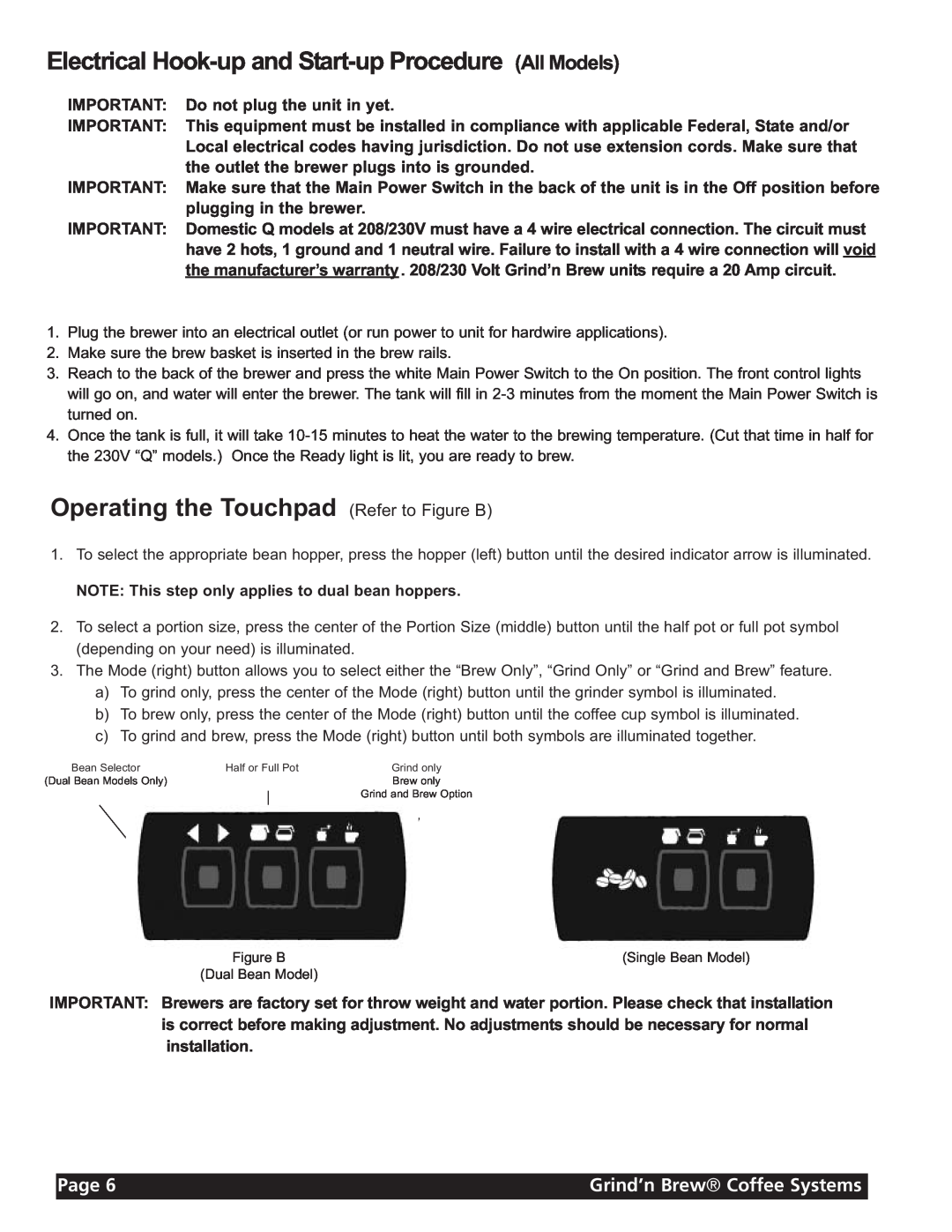 Grindmaster 11 Electrical Hook-up and Start-up Procedure All Models, Operating the Touchpad Refer to Figure B, Page 
