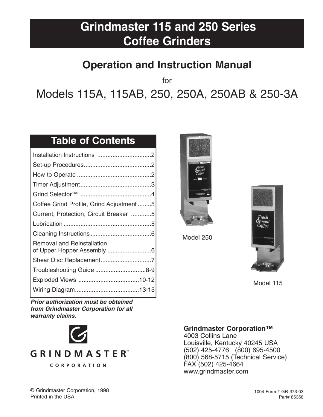 Grindmaster instruction manual Grindmaster 115 and 250 Series Coffee Grinders 