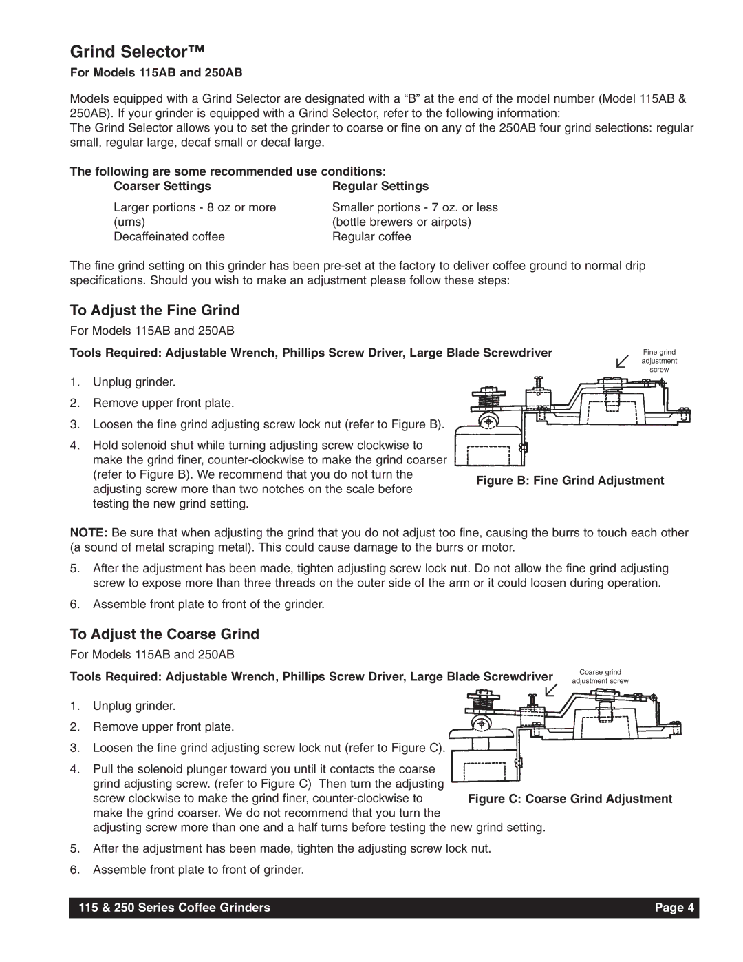 Grindmaster instruction manual Grind Selector, For Models 115AB and 250AB 