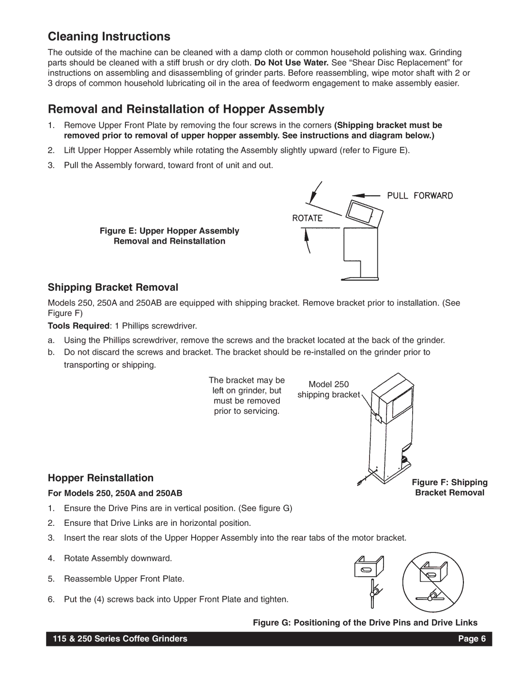 Grindmaster 250, 115 instruction manual Cleaning Instructions, Removal and Reinstallation of Hopper Assembly 