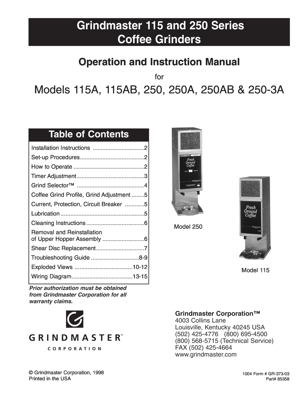 Grindmaster instruction manual Grindmaster 115 and 250 Series Coffee Grinders, Table of Contents, 502425-4776800 