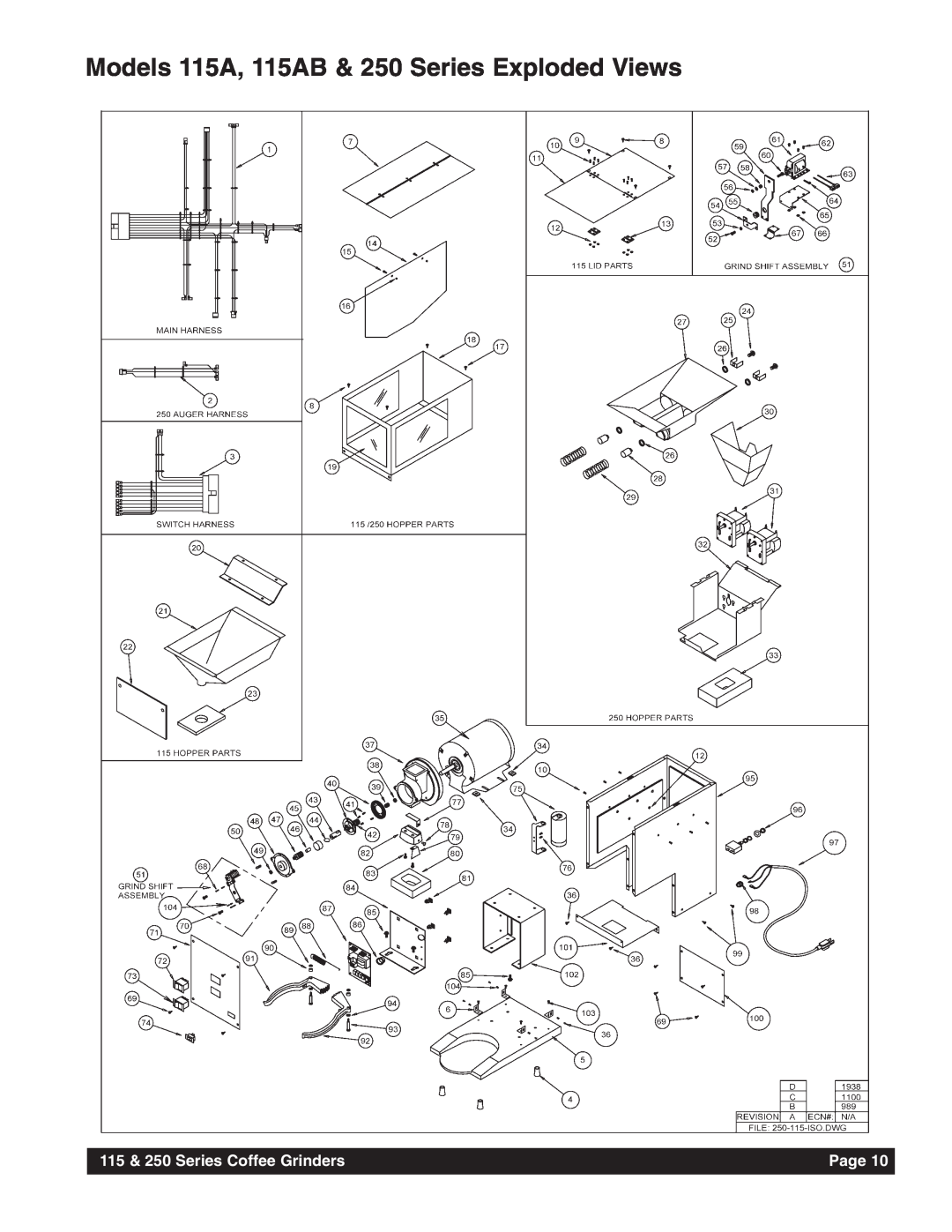 Grindmaster instruction manual Models 115A, 115AB & 250 Series Exploded Views, 115 & 250 Series Coffee Grinders, Page 