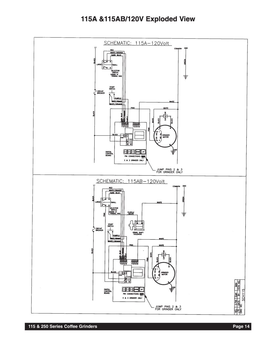 Grindmaster instruction manual 115A &115AB/120V Exploded View, 115 & 250 Series Coffee Grinders, Page 
