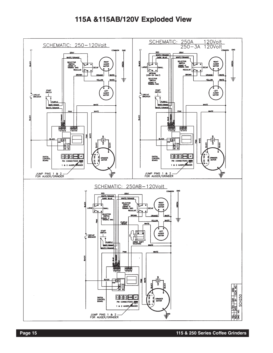 Grindmaster instruction manual 115A &115AB/120V Exploded View, Page, 115 & 250 Series Coffee Grinders 