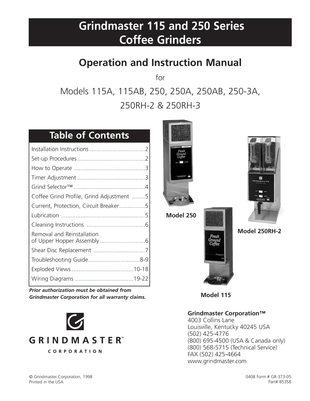 Grindmaster 115A instruction manual Grindmaster 115 and 250 Series Coffee Grinders 