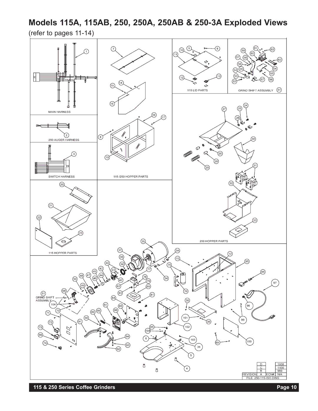 Grindmaster instruction manual Models 115A, 115AB, 250, 250A, 250AB & 250-3A Exploded Views 