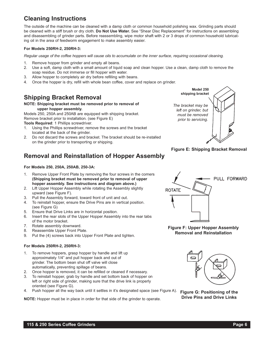 Grindmaster 115A Cleaning Instructions, Shipping Bracket Removal, Removal and Reinstallation of Hopper Assembly 