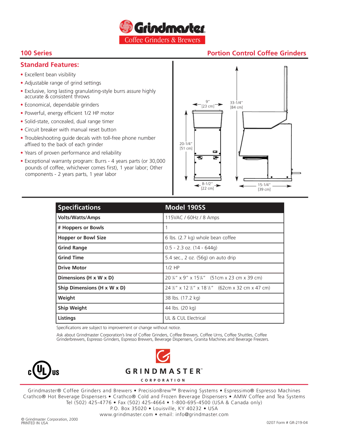 Grindmaster manual Series Portion Control Coffee Grinders Standard Features, Specifications Model 190SS 