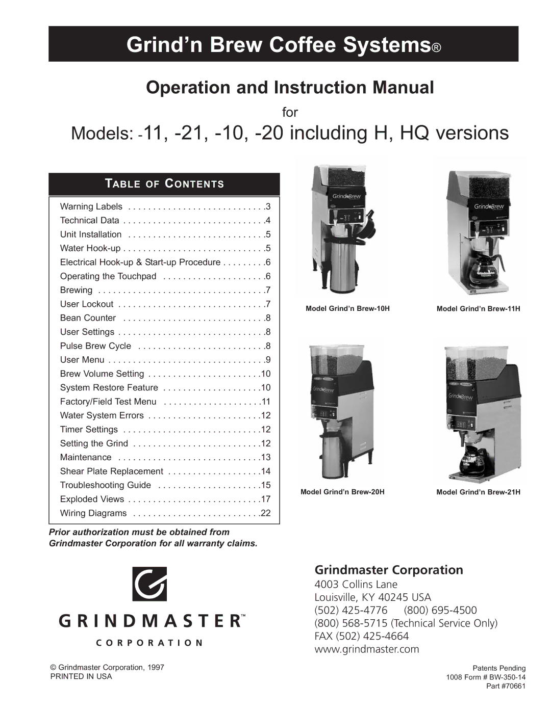 Grindmaster 20H, 21H instruction manual Grind’n Brew Coffee Systems 