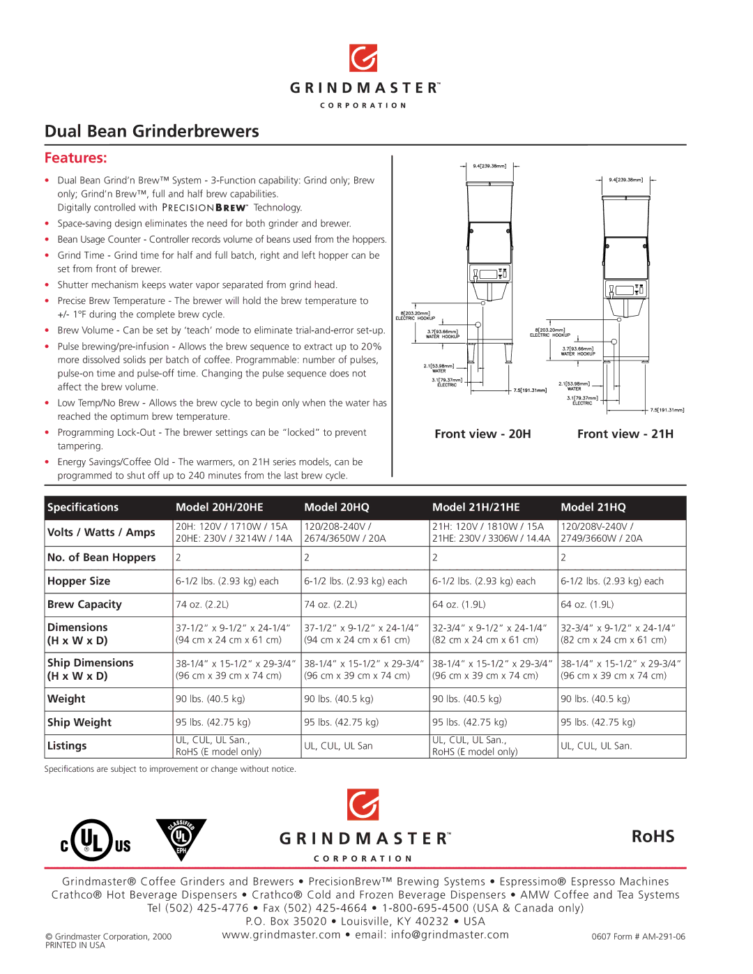 Grindmaster manual Dual Bean Grinderbrewers, RoHS, Features, Front view 20H Front view 21H 