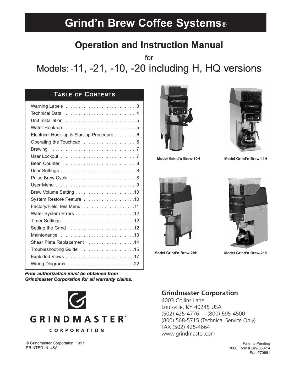 Grindmaster 20H, 21H instruction manual Collins Lane Louisville, KY 40245 USA, 502425-4776800, Grind’n Brew Coffee Systems 