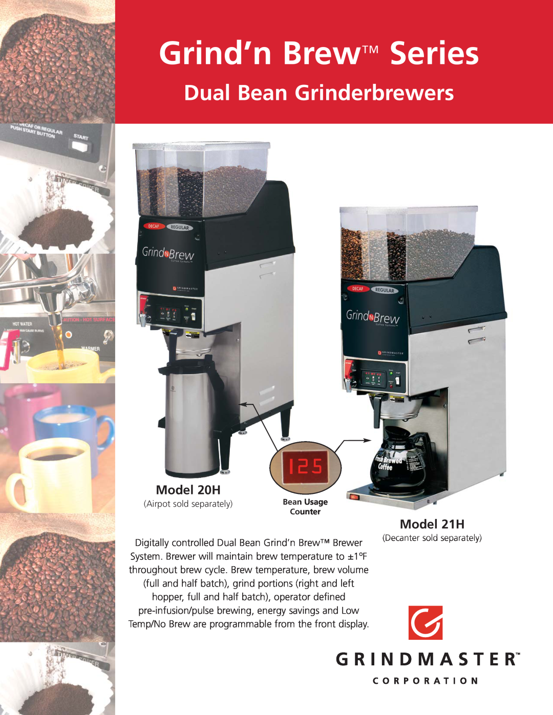 Grindmaster manual Grind’n Brew Series, Dual Bean Grinderbrewers, Model 20H, Model 21H 