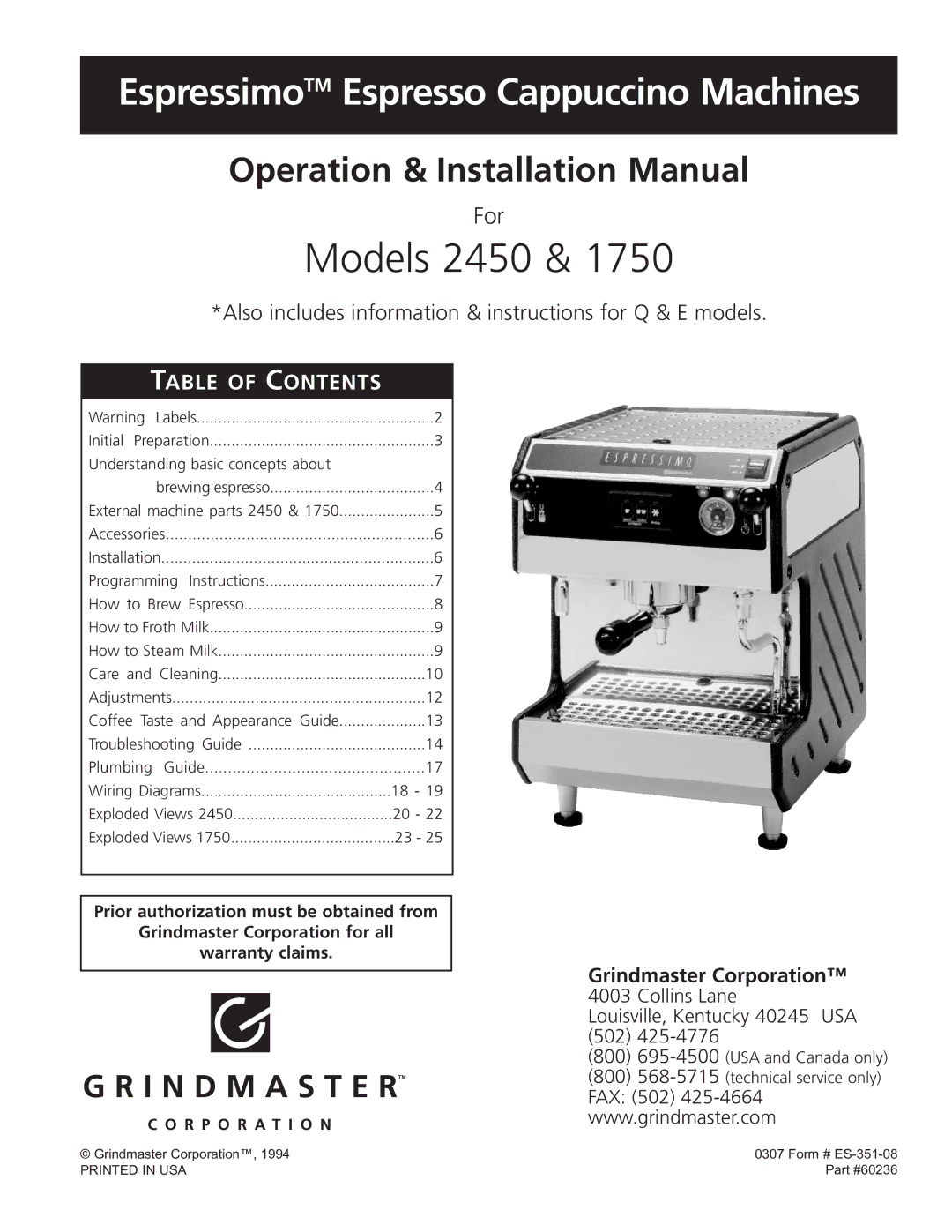 Grindmaster 1750 installation manual Models 2450 