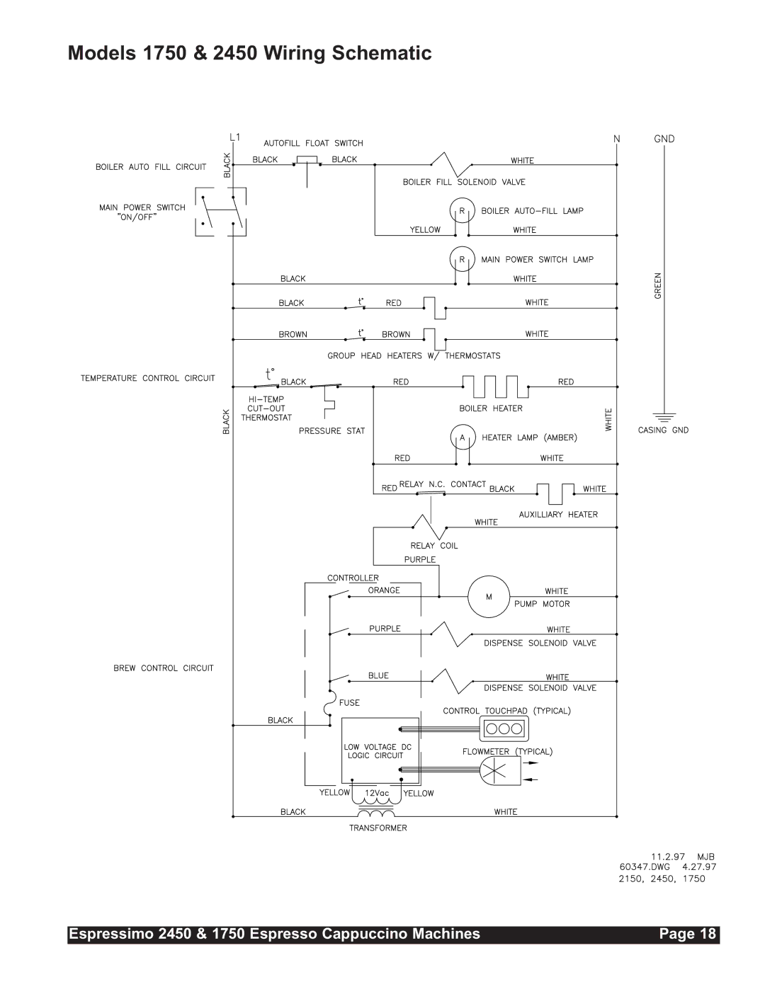 Grindmaster installation manual Models 1750 & 2450 Wiring Schematic 